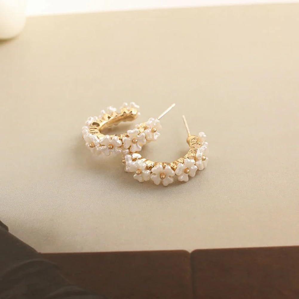 Latest Sweet Romantic Elegant White Flower Hoop Earrings | Stylish Shell Resin Delicate Pearl Flower Zircon Earrings | Trendy Versatile Jewellery