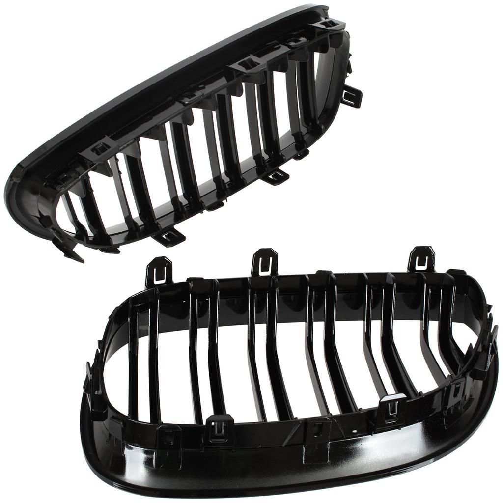 BMW 5 E60 / E61 03-10 Kühlergrill zwischen den Scheinwerfern (Nieren) Set links + rechts SCHWARZ GLÄNZEND DOPPELSTREBE GEKRÜMMTE LAMELLEN