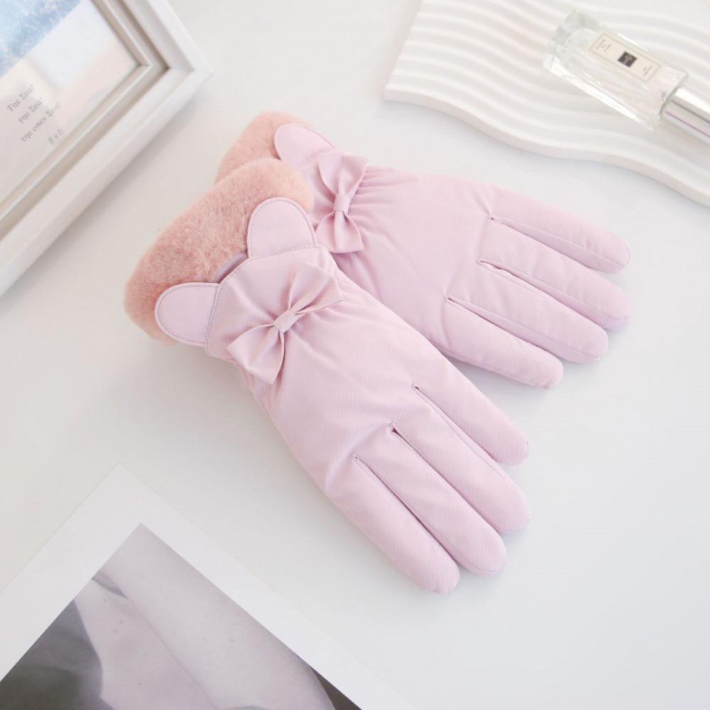 Down Cotton Plush Thickened Gloves Soft Ears Finger Mittens All-Match Bow Anti-cold Mittens  Daily