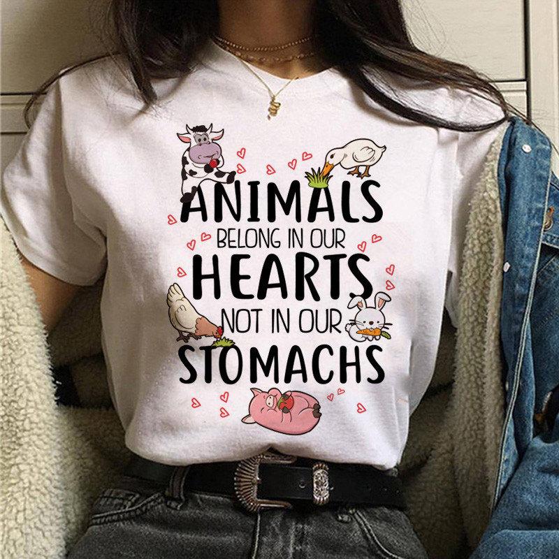 Friends Not Food Bedruckte Baumwolle Lockere Rundhals Kurzarm T-Shirts Damen