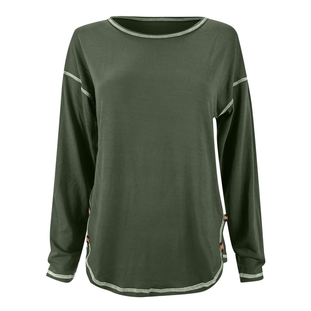 T-shirt Femme Couleur Lâche Boutonnage Bord Irrégulier Manches Longues