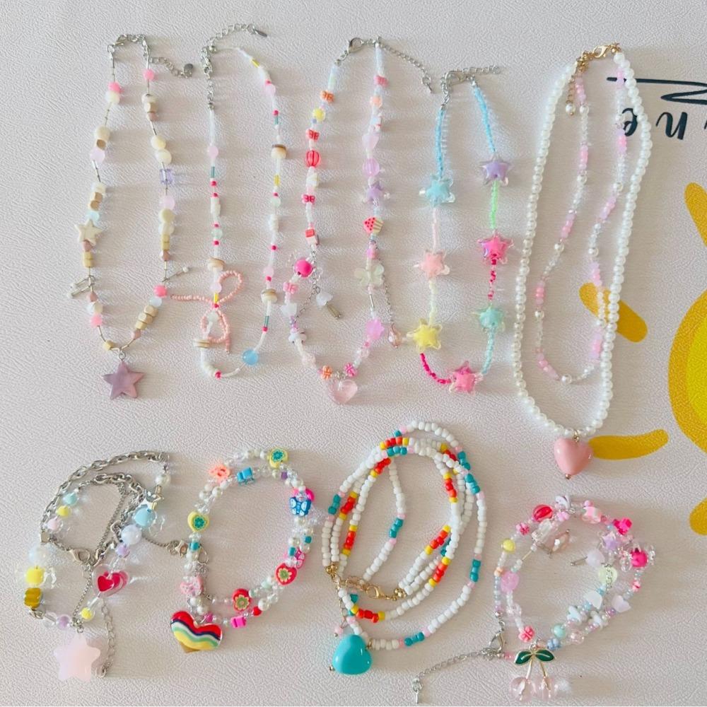 Summer Fashion Dopamine Candy Color Flowers Bow Tie Heart Star Pendant String Beads Necklace for Women Cute Collar Chain Jewelry