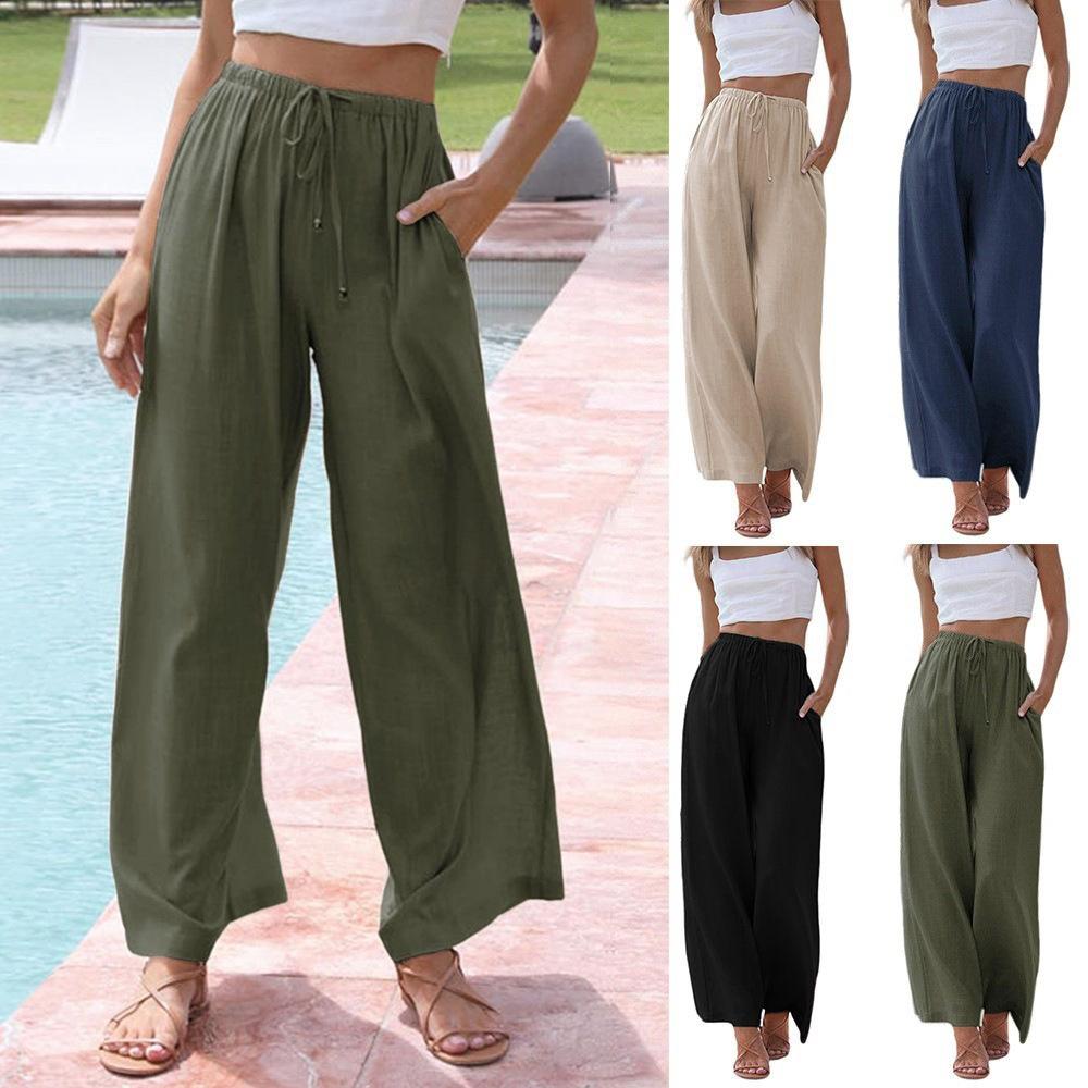 Summer Plain-color Loose High-waist Wide-leg Long Pants for Women