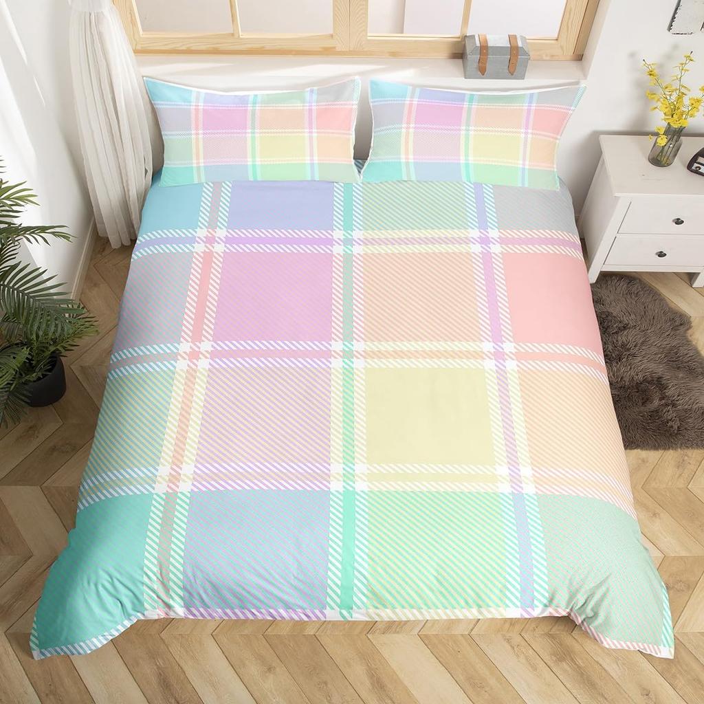 Pastel Plaid Duvet Cover Queen King Size Geometric Striped Watercolor Gradient Themed Bedding Set 3 Pcs For Kids Toddler Girls