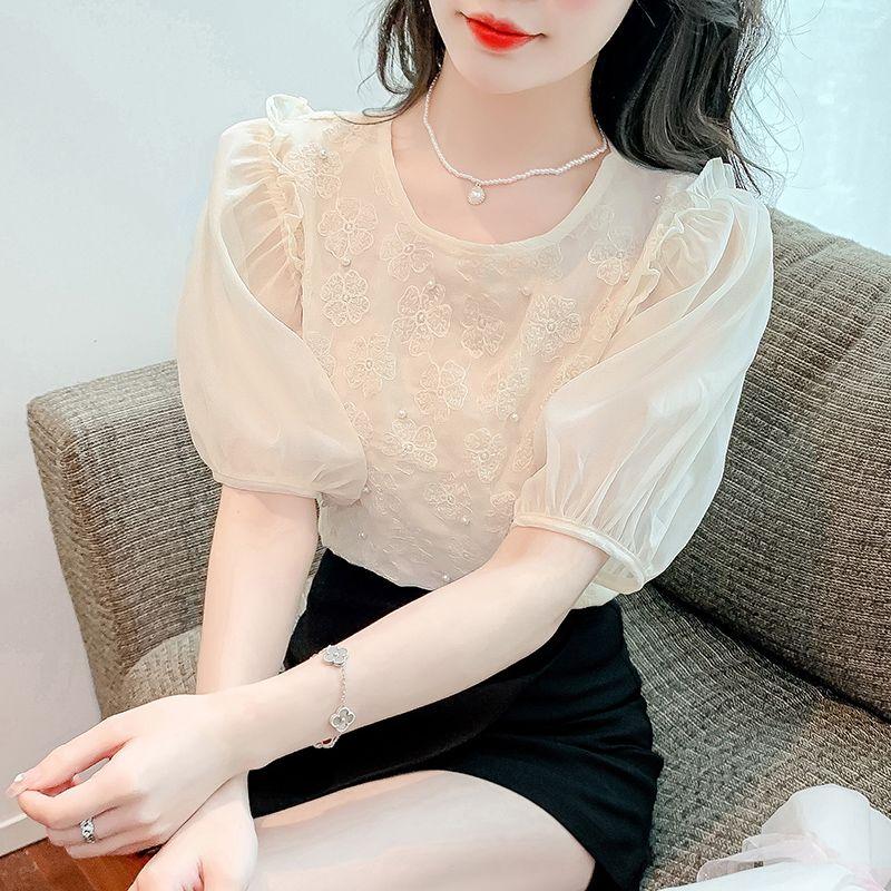 Puff Sleeve Chiffon Shirt Short Sleeve Women's Summer New Chic Beautiful French Unique Temperament Top