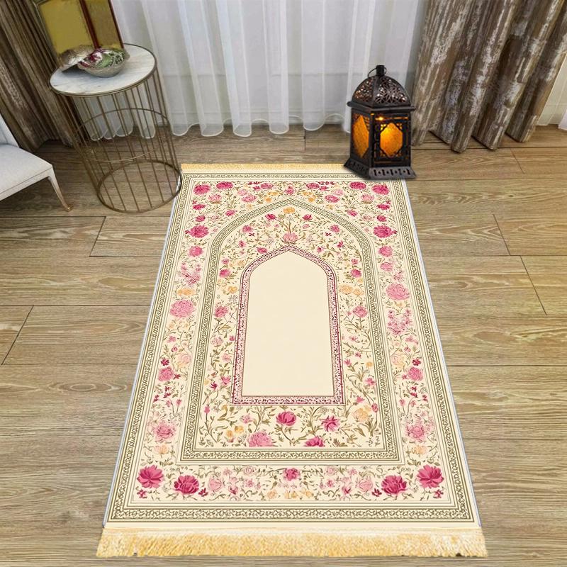 Roze Goud Bloemig Boogontwerp Gebedsmat Moslim Gebedsmat voor Antislip Tapijt voor Slaapkamer Woonkamer Reisdecoratie 48X98CM(1.6X3.3FT