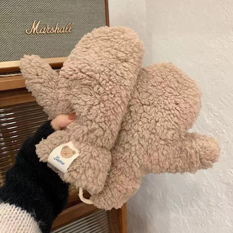Kawaii Gants Chauds en Peluche Doux Hiver Épais Sans Doigts Coréens Japonais Gants Ours avec Cordons Mitaines Décontractées d'Extérieur pour l'Équitation Chaud