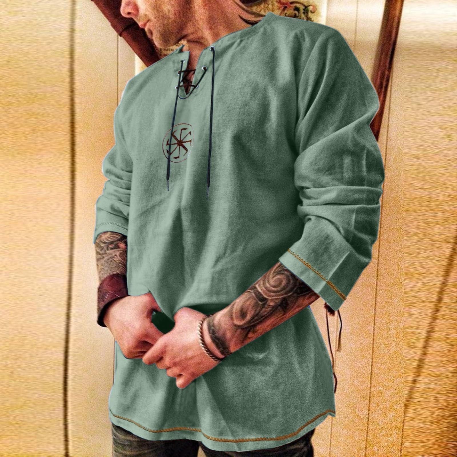 

Мужской повседневный и модный хлопково-льняной однотонный с круглым вырезом и длинными рукавами L зелёный