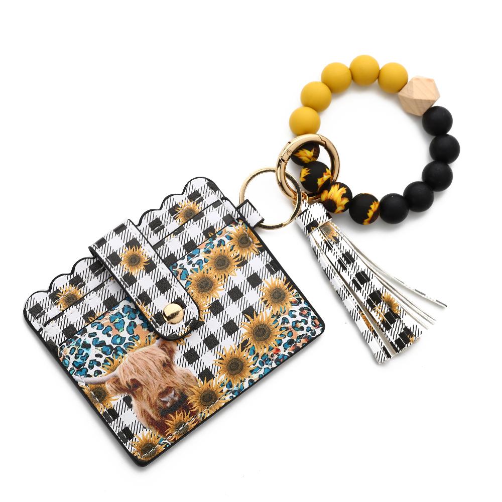 Bull Silicone Beads Bracelet Pu Leather Purse Leopard Print Tassel Cow Wallet Keychain Silicone Beaded ID Card Holder Keychain