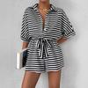 Summer Women's New Striped Lapel Button-up 1/2 Sleeves Jumpsuit Shorts, European American Style Casual Outfit for Crossborder