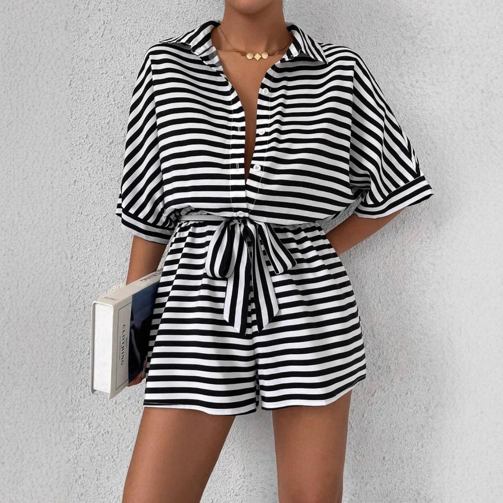 Summer Women's New Striped Lapel Button-up 1/2 Sleeves Jumpsuit Shorts, European American Style Casual Outfit for Crossborder