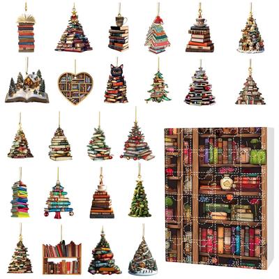 Christmas Tree Shaped Bookshelf Pendant Advent Calendar 24 Days 2D Acrylic Book Stacking Pendant Countdown Calendar Boxes