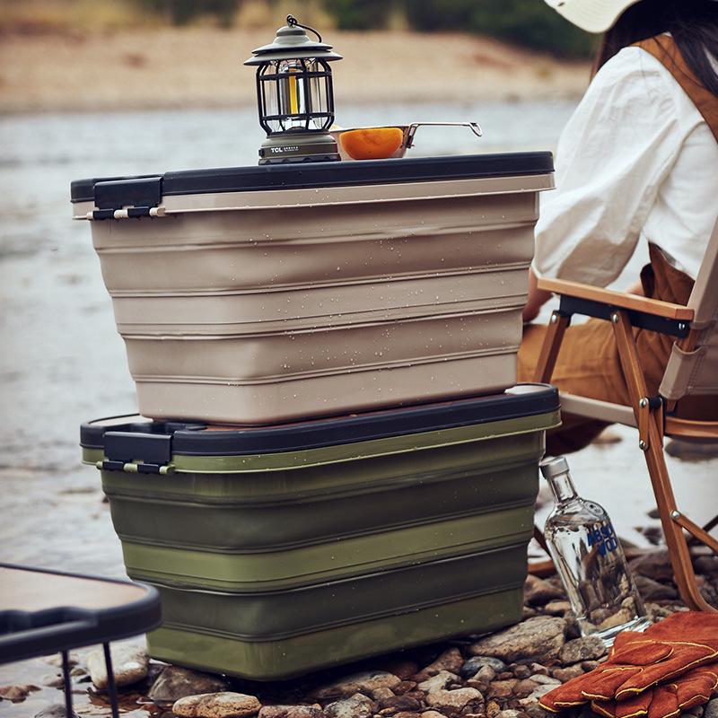 Outdoor Folding Picnic Basket with Wooden Lid - Multifunctional Storage Box for Camping or Car Use