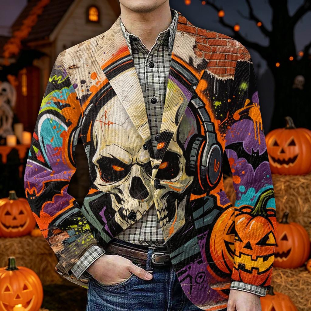 Men's Halloween Printed Corduroy Warm Blazer Jacket with Pockets Casual Suit Coat Button Front Corduroy Fabric Outerwear for Fall and Winter
