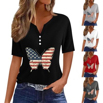 Camiseta para Mujer Estampado Día de la Independencia Botón Manga Corta Diario Fin de Semana Moda Básica Cuello en V Regular Top