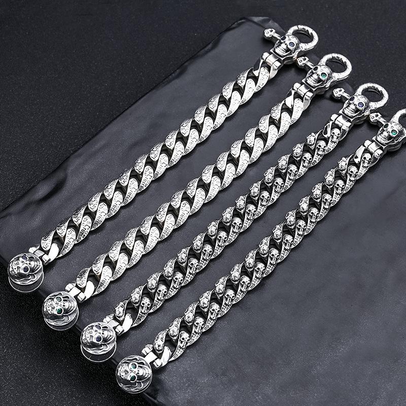 Thick Men's Trendy Punk S925 Sterling Silver Bracelets Retro Graffiti Skull Pattern Cuban Link Chain Bangle Jewelry