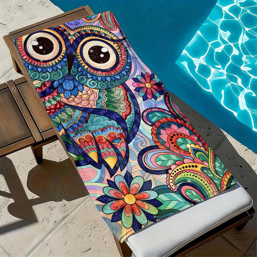 Cartoon-colored Owl with Floral Pattern Polyester Microfiber Beach Towel Is Highly Absorbent, Suitable Swimming Beach Outings