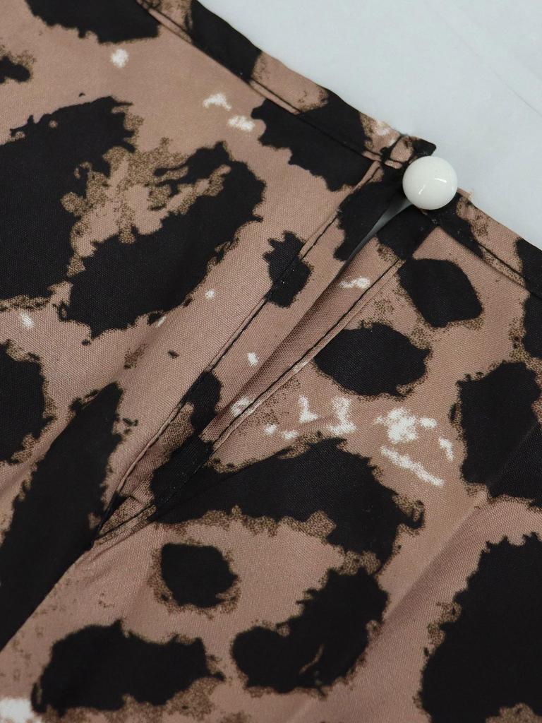 Elegant Leopard Print Women's Dress: Pleated Waist, Round Neck, Short Sleeve, Long Length