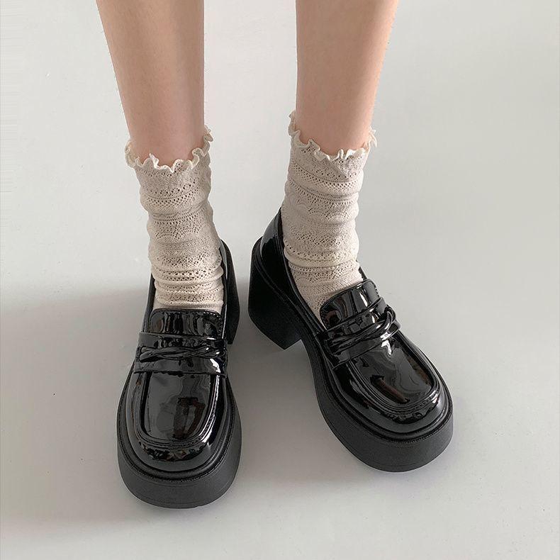 Japanese jk platform thick heel black one-pedal loafers 2025 autumn new French retro high heels women