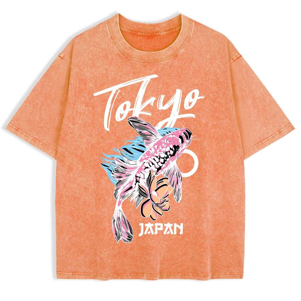 Japanese Koi Harajuku Printing Washed T-Shirts Mens Cotton Oversize T Shirt Summer O-Neck Short Sleeve Men'S Clothes
