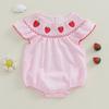 Summer Newborn Clothing Infant Baby Girls Summer Romper Plaid Print Flying Sleeve Crew Neck Strawberry Embroidery Jumpsuit