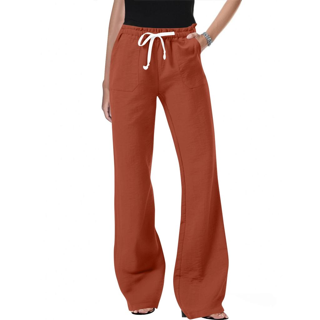 Women's Slant Pocket Elastic Waist Casual Cotton And Linen Trousers