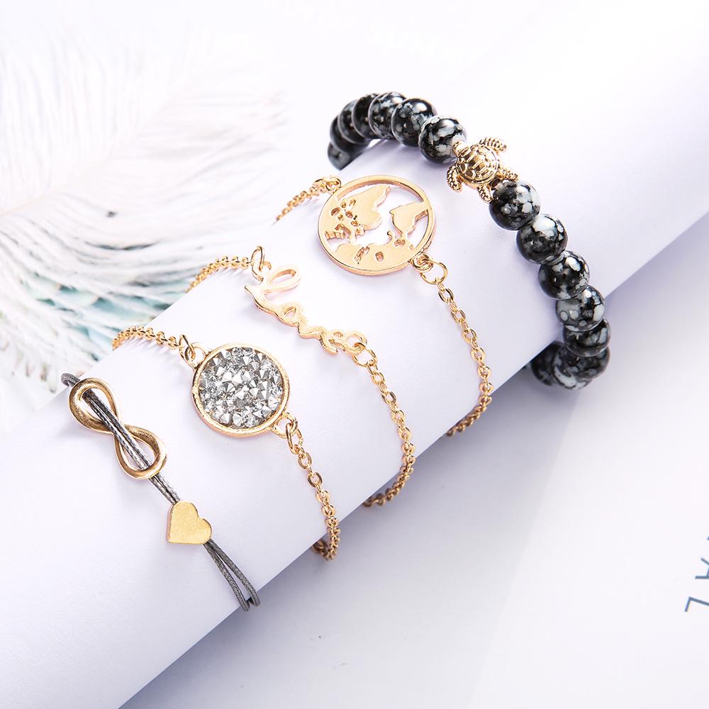 Gray Beaded Turtle & World Map Bracelet Set: 5-Piece Woven Love, Diamond, & Turquoise Accents