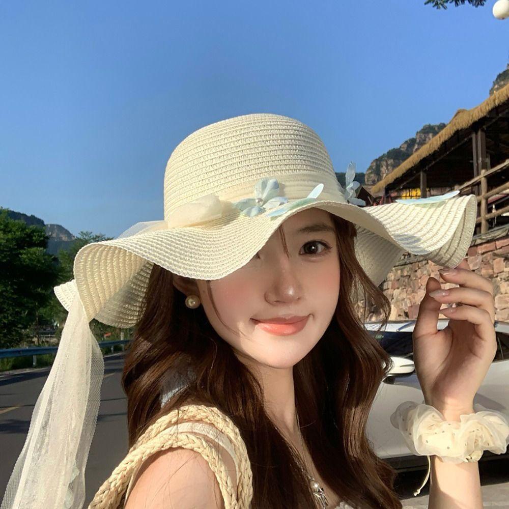 Flower Straw Hat Big Bowknot Wide Brim Hat Lolita Sun Protection Hat  Seaside Vacation