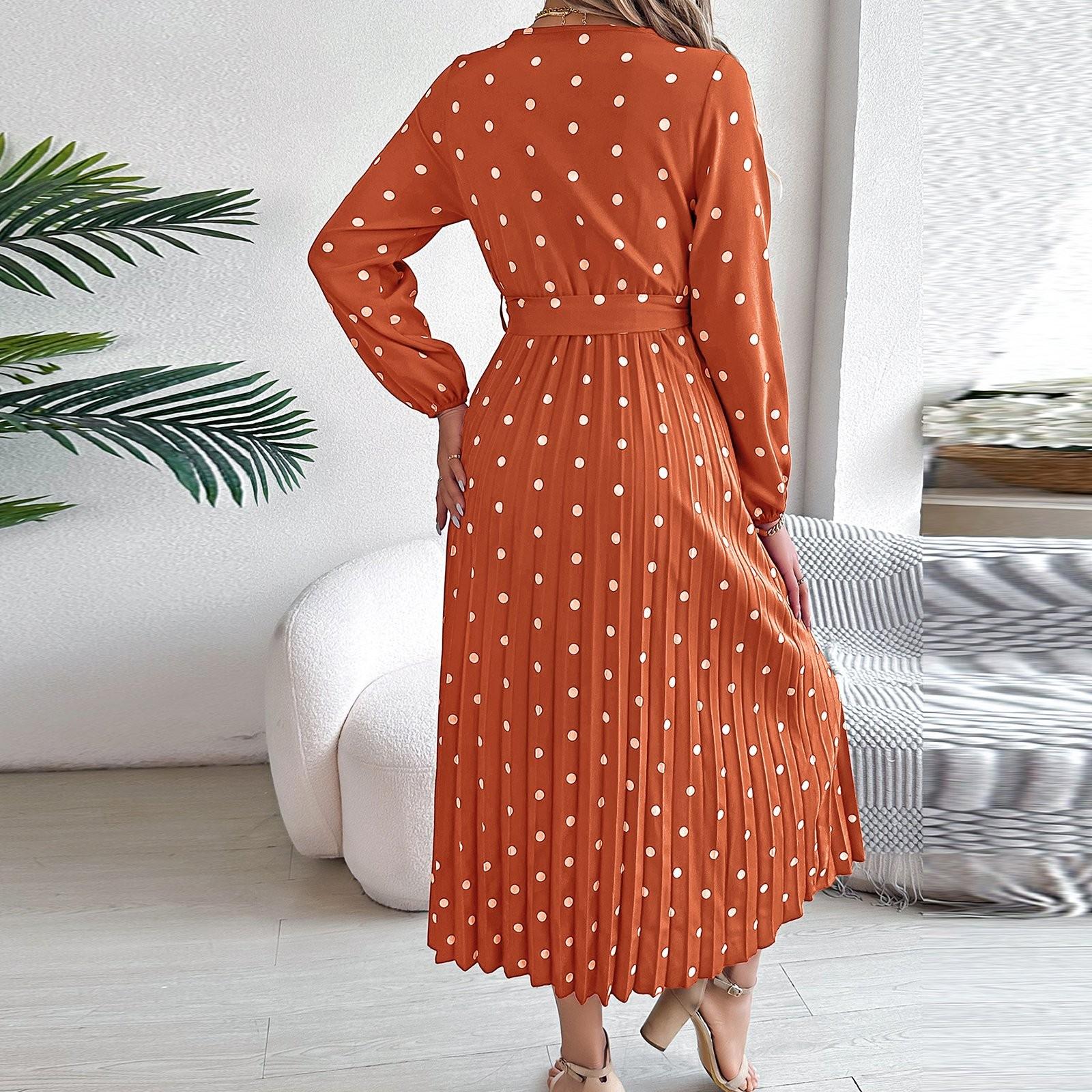 Женское модное элегантное плиссированное длинное платье в горошек с крестом и V-образным — фото 5