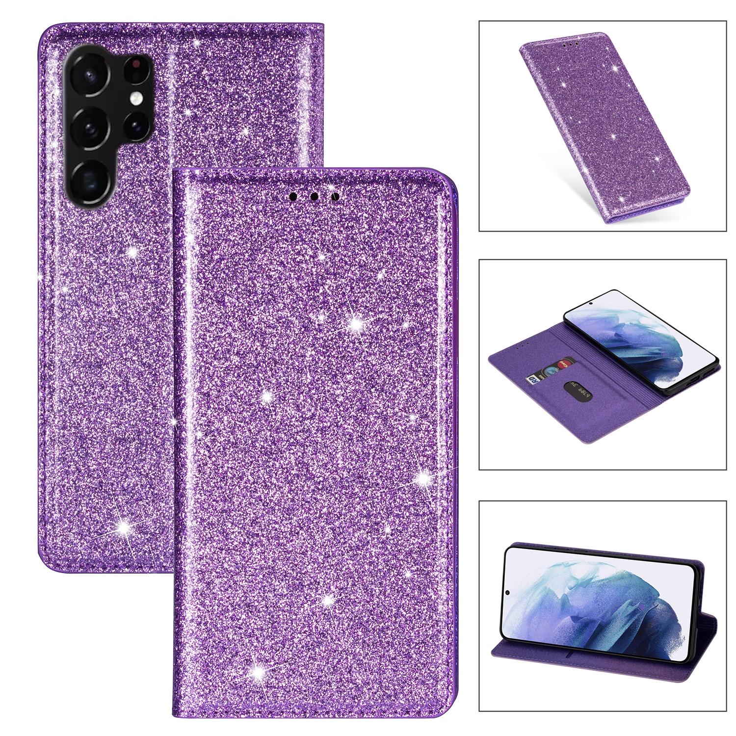 

For Samsung Galaxy S25 Ultra Case Glittery PU Leather+TPU Card Slot Phone Cover Purple