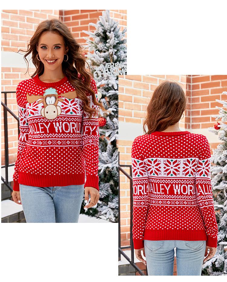 Women's Autumn and Winter Round Neck Sweater Christmas Knitted Pullover Letter Cartoon Thickened Sweater Long Sleeve Top
