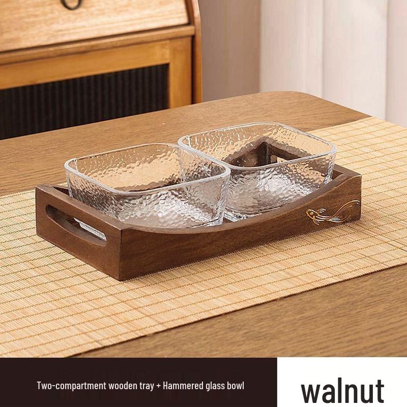 Luxury Glass Walnut Fruit & Snack Plate with Candy Compartments for Living Room Coffee Table