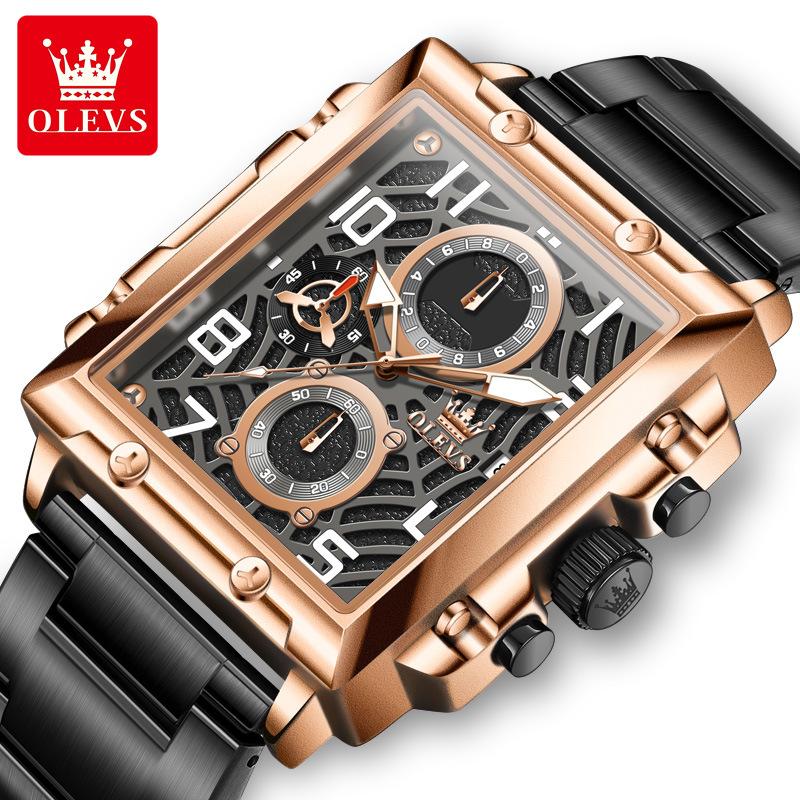 OLEVS Mens Watch Original Square Quartz Watch Waterproof Luminous Stainless Steel Sport Clock Reloj Watch For Men