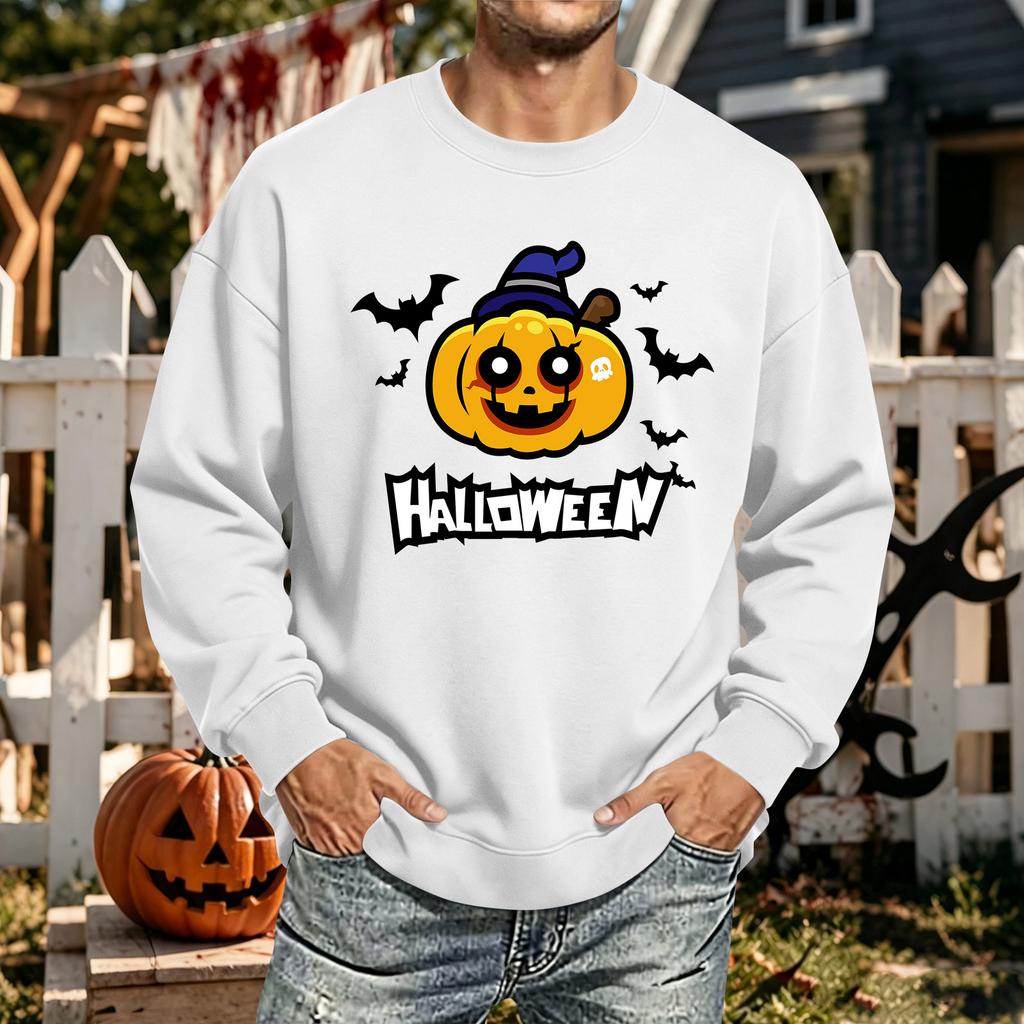 Men's Halloween Printed Long Sleeve T-Shirt Crewneck Casual Sports Top Unisex for Couples