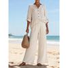 Women's 2 Piece Linen Set Button Down Roll Tab Sleeve Shirt Elastic Waist Wide Leg Pants Beach Outfit