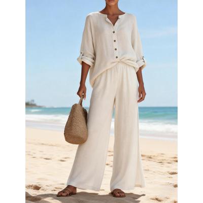 Damen 2-teiliges Leinen-Set Hemd mit Knöpfen und hochkrempelbaren Ärmeln Elastische Taille Weiter Bein Hosen Strand Outfit