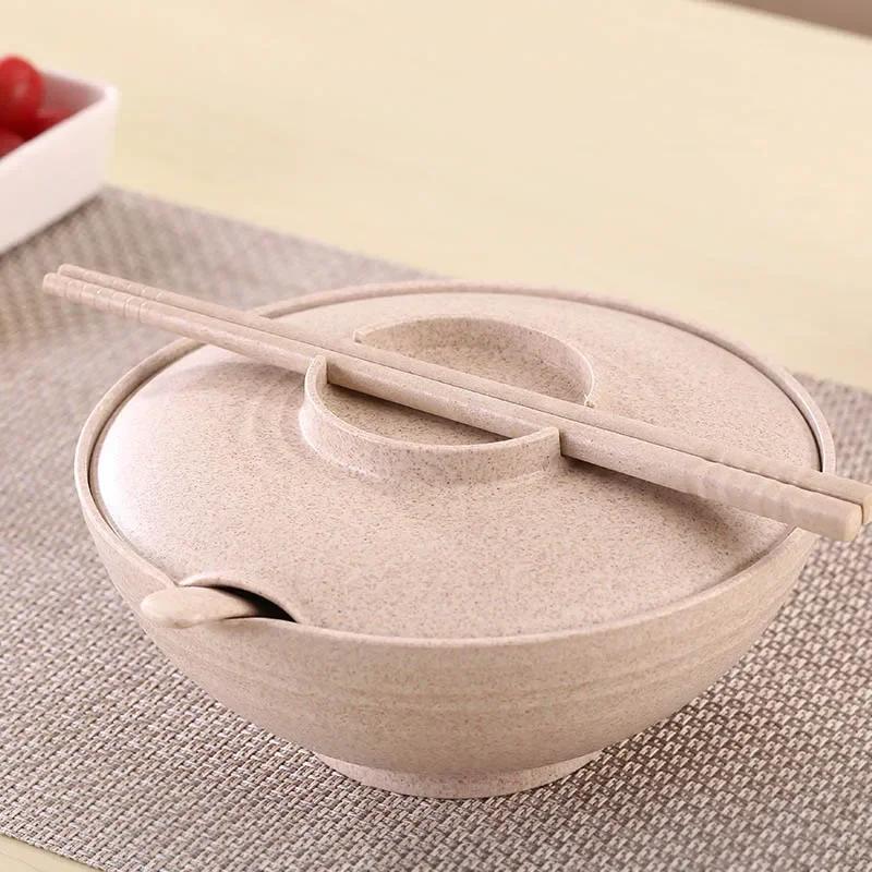 Household Bowls Spoons Chopsticks Set With Lid for Instant Food, 3pcs Wheat Straw Bowl, Instant Noodles Bowl, Kitchen Tableware