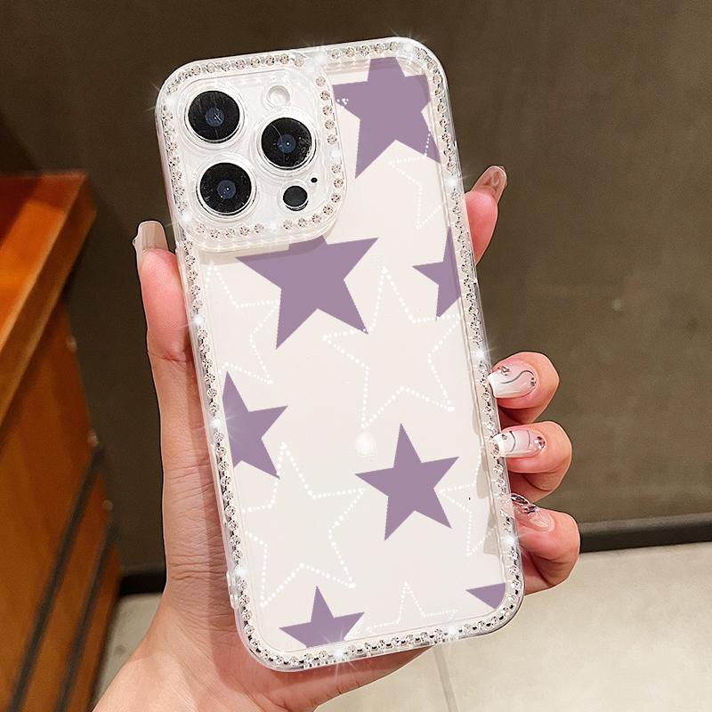 Stars Pattern Diamond Frame Clear Soft Silicone Case For iPhone 16 Pro Max 16E 15 14 Pro 13 12 11 Lens Protection Shockproof Phone Cover