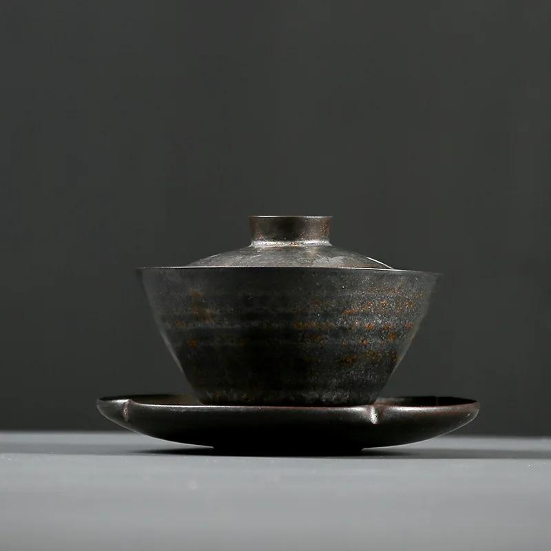 

150ml ceramic handmade gold-plated lid bowl traditional iron glazed coarse tea lid bowl tea ceremony accessories