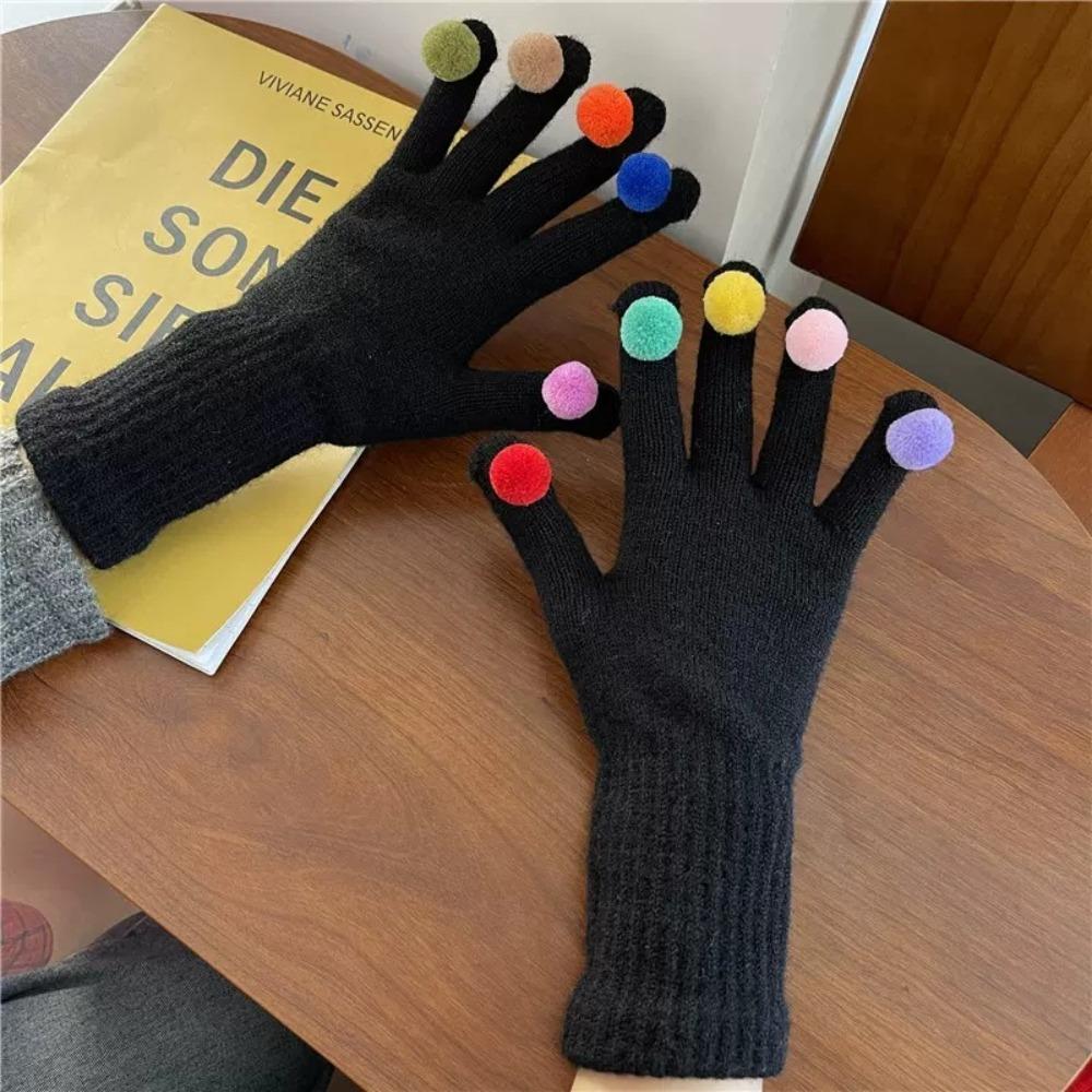 Korean Style Full Finger Mittens Colorful Hairball Cycling Driving Gloves Knitting Gloves Outdooor