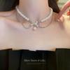 Belated romance~ flash diamond bow pearl necklace female design sense cold wind choker neck chain collarbone chain