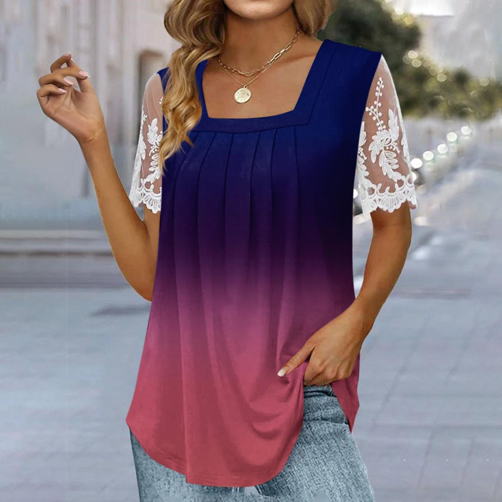 

Женская плиссированная кружевная футболка с квадратным вырезом и коротким рукавом, топ с градиентным цветным принтом XL фиолетовый