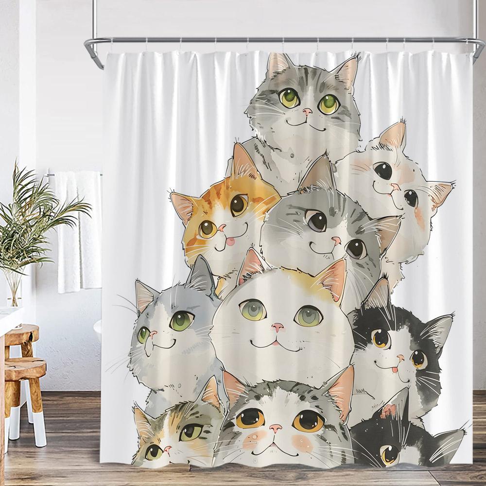 Funny Animals Shower Curtain Cat Riding Shark Corgi Dog Cartoon Children Bathroom Curtain Kids Polyester Bath Decor with Hooks