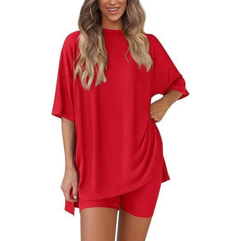 Women's Crew Neck Half Sleeve Oversized T Shirt Biker Shorts Loungewear Two Piece Pajama Set Casual Solid Outfit