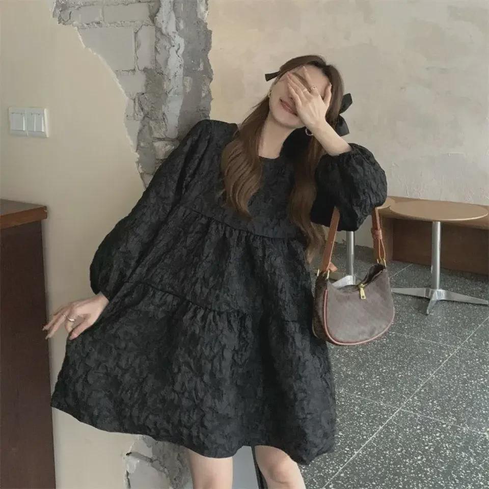300 Jin Plus Size Retro Long-Sleeve A-Line Dress for Spring and Autumn - Korean Style for Female Students.