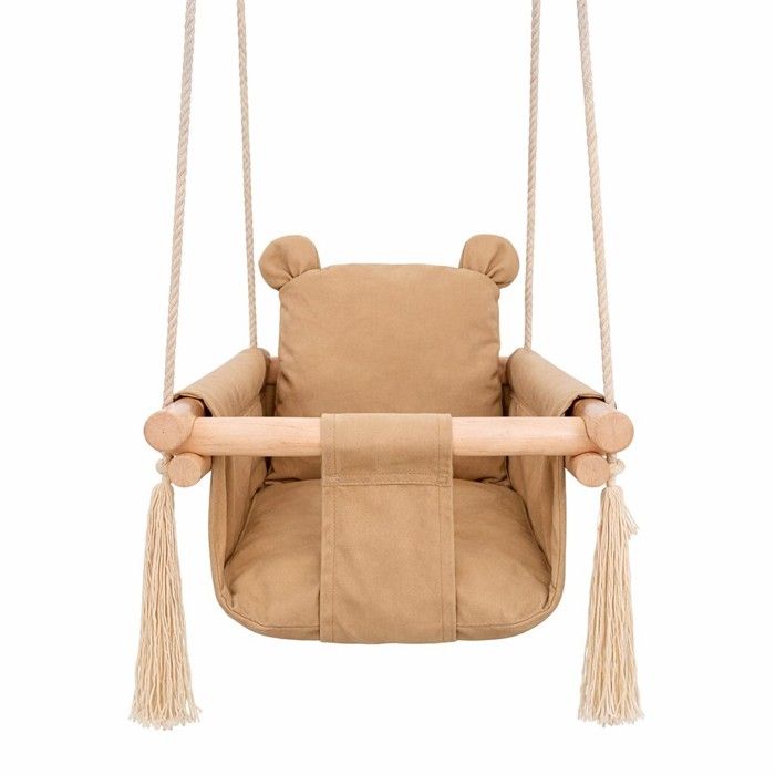Balancoire Bebe Bois GINGER HOME Motif Ours avec Assise Coton Securisee 28 x 28 x 196 cm