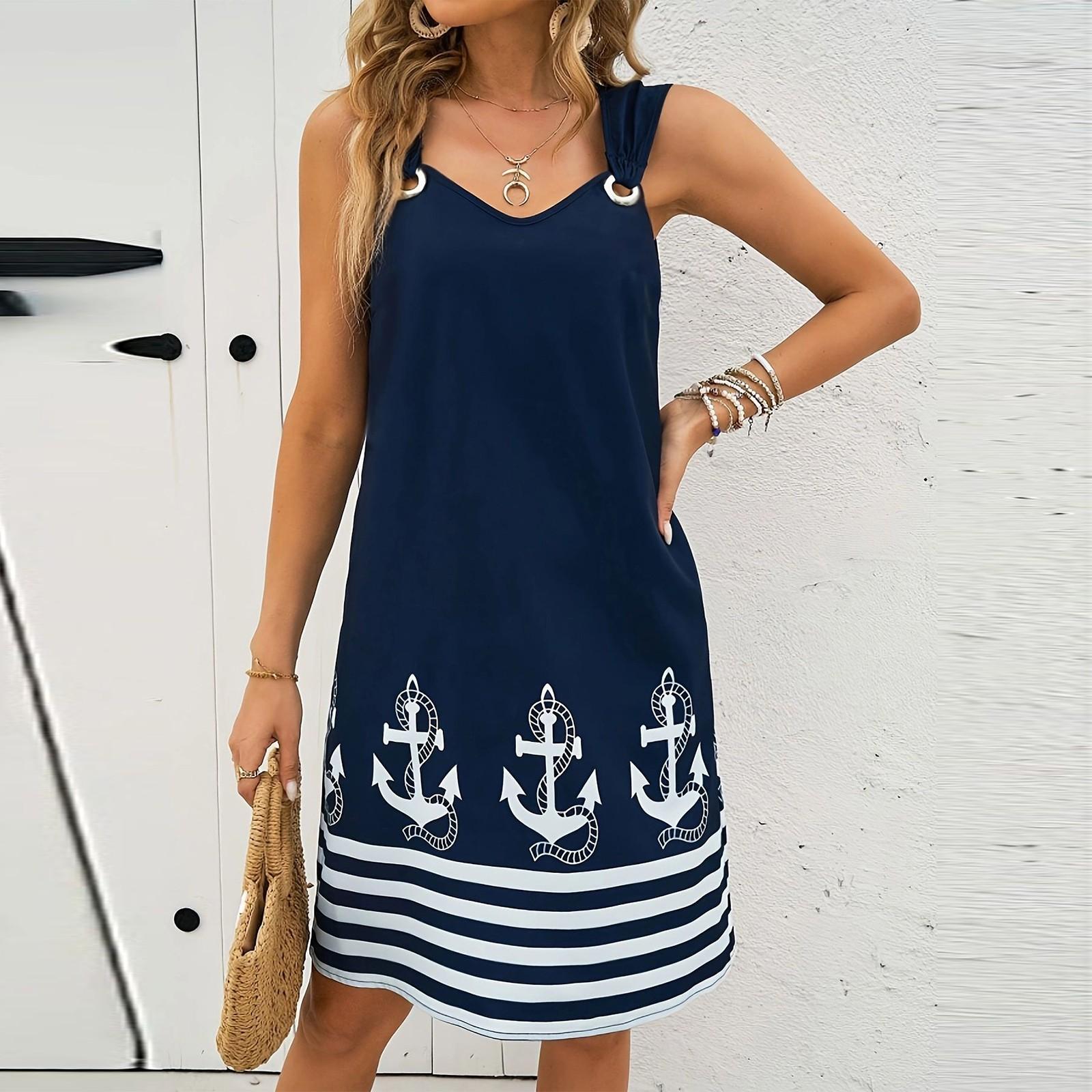 

Женское модное повседневное платье без рукавов с этническим принтом и V-образным вырезом L синий