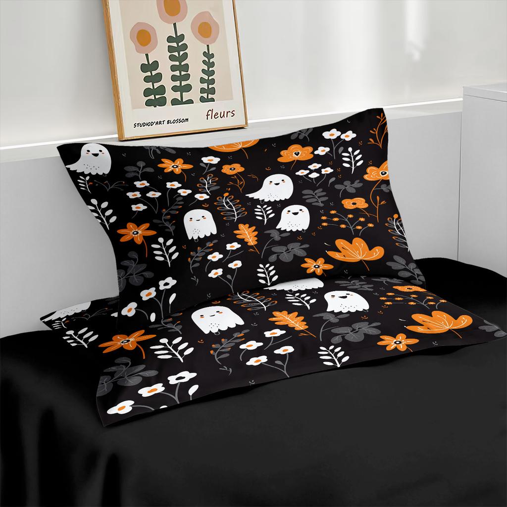 3pcs Halloween Cute Ghost Flower Print Coreless Quilt Set Multi Size Bedrooms Dormitory Soft and Comfortable Machine Washable