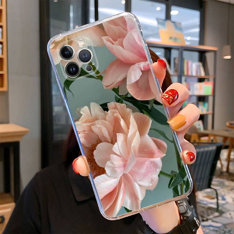 Husa de telefon roz cu flori pentru iPhone 14 13 12 11 Pro Max XS X XR SE 2020 6 7 8 Plus Mini carcasa transparenta