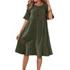 Women's Mid-Length Cotton Linen Dress - Solid Color, Loose Fit, Pleated, Round Neck, Bell Short Sleeves.